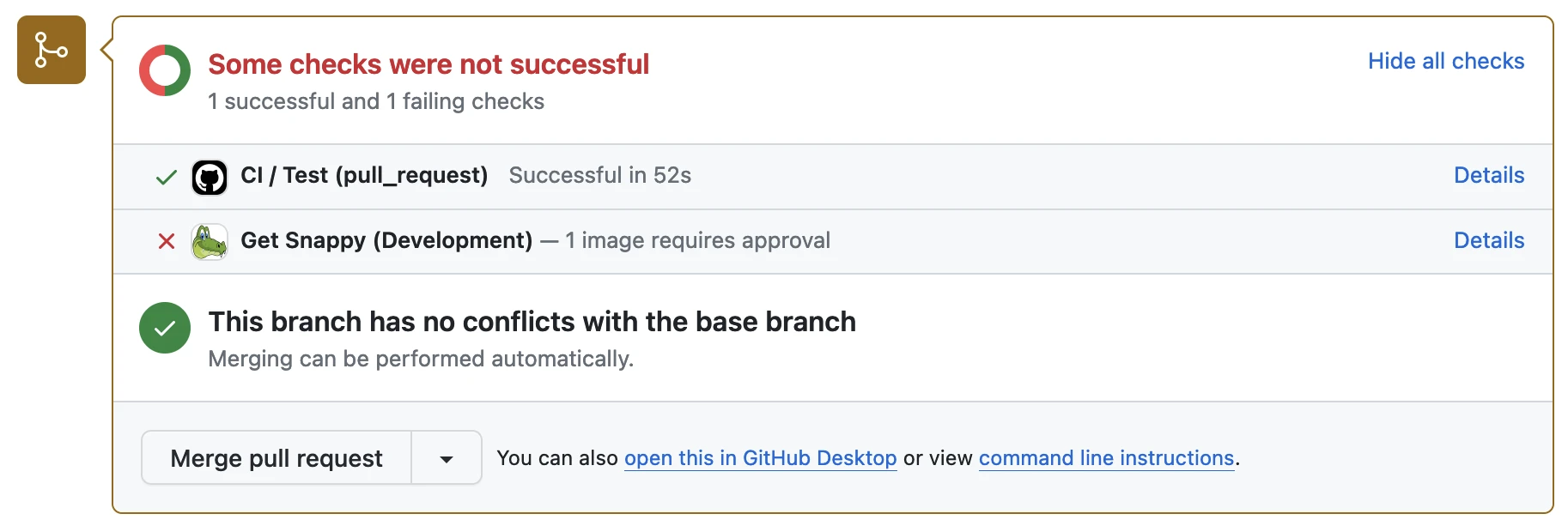 GitHub pull request checks: Get Snappy failing with 1 image requires approval